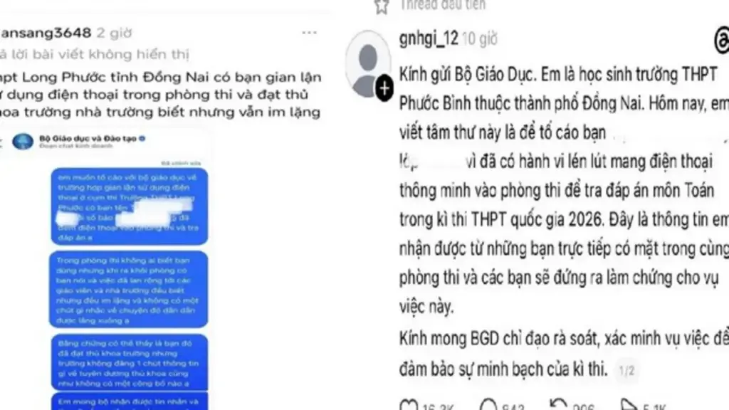 Đồng Nai: Bác tin '2 thí sinh mang điện thoại vào phòng thi THPT 2026'